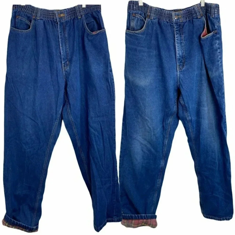 Haband Ice House Slacks 38 XL Blue Flannel Lined Elastic Waist Denim Jeans